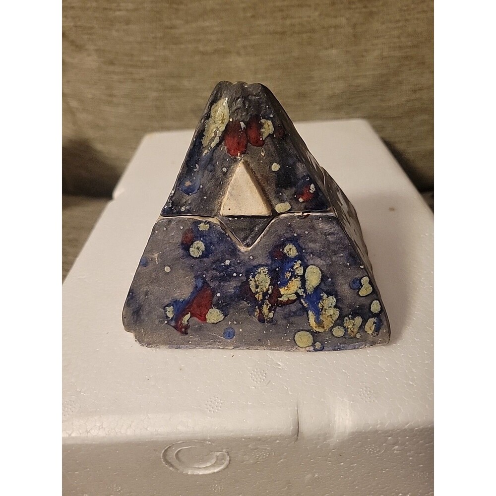 Pyramid Trinket Box With Lid Signed Art Pottery Splatter Blue Red Triangle MCM